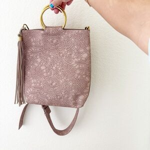Anthropologie light mauve leather embossed floral bucket bag gold handles